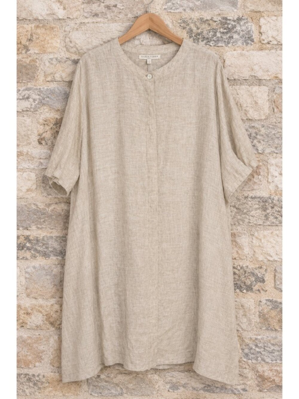 Bryn Walker Sz L 100% Linen Midi Dress Flared Lagenlook Short Sleeve Natural USA